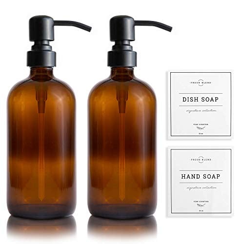 16OZ Glass Soap Dispenser with 3Pcs Rust Proof Stainless Steel Pump Hand Soap Dispenser for Bathroom Countertop and Kitchen Sink Soap Dispenser 2 Pack